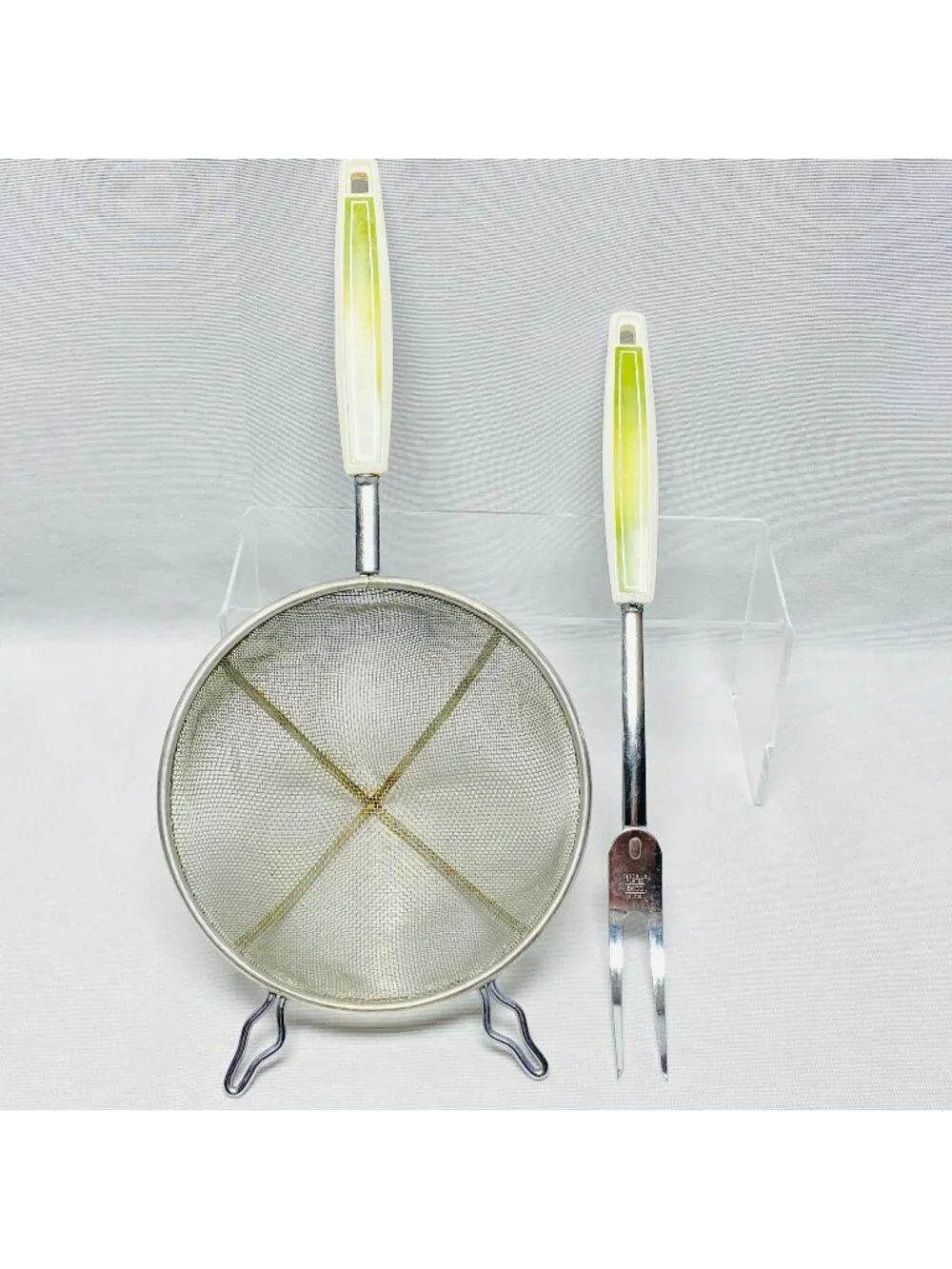 Vintage EKCO Chrome Strainer & Carving Fork Set Green USA-Made Kitchen Tools